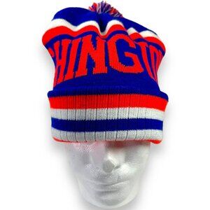 Washington DC Pom Stripe Knit Beanie Cuffed Skull Cap (Blue, White, Orange)